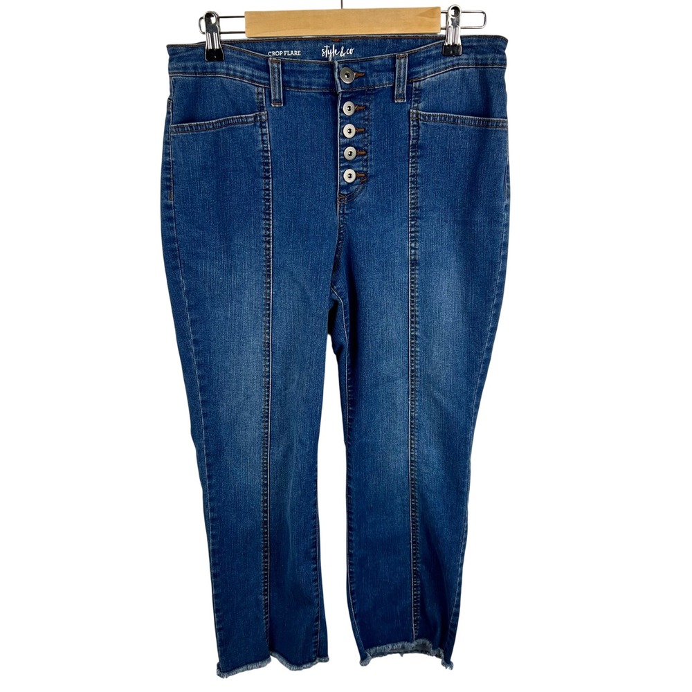 Style & Co Womens Crop Flare Jeans Blue Button Fly Raw Hem Size 10 Medium High